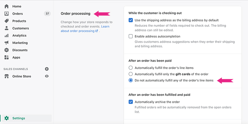 Shopify menu order processing