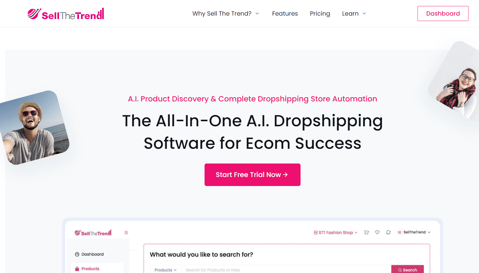 Page d’accueil du dropshipping alimenté par Sell The Trend AI