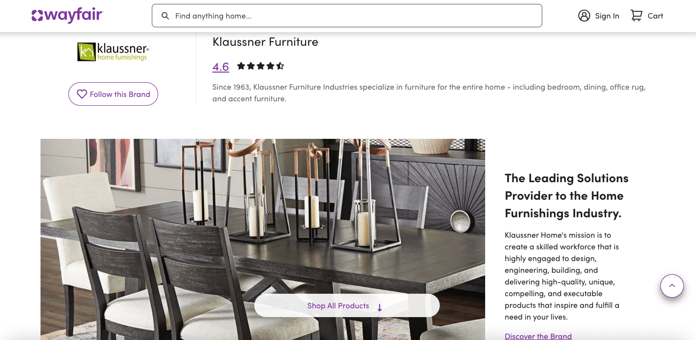 La page de vente de Klaussner sur Wayfair