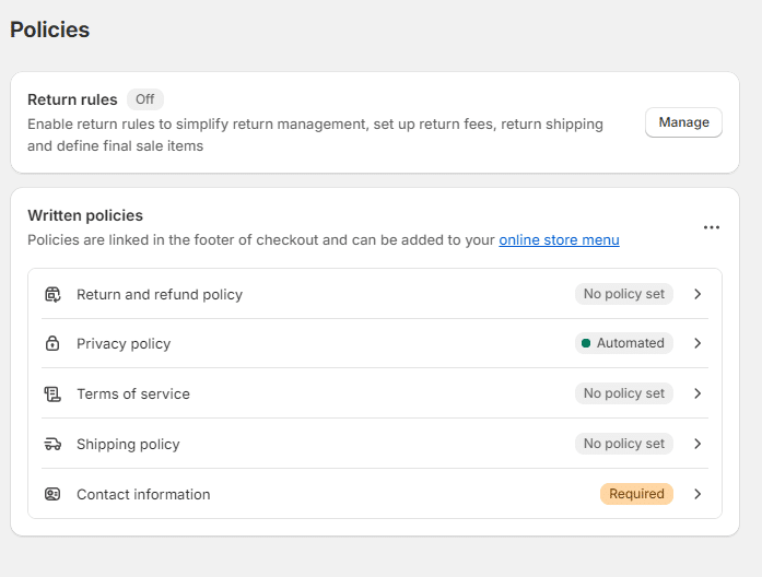 Image de la page des politiques de la boutique dans Shopify