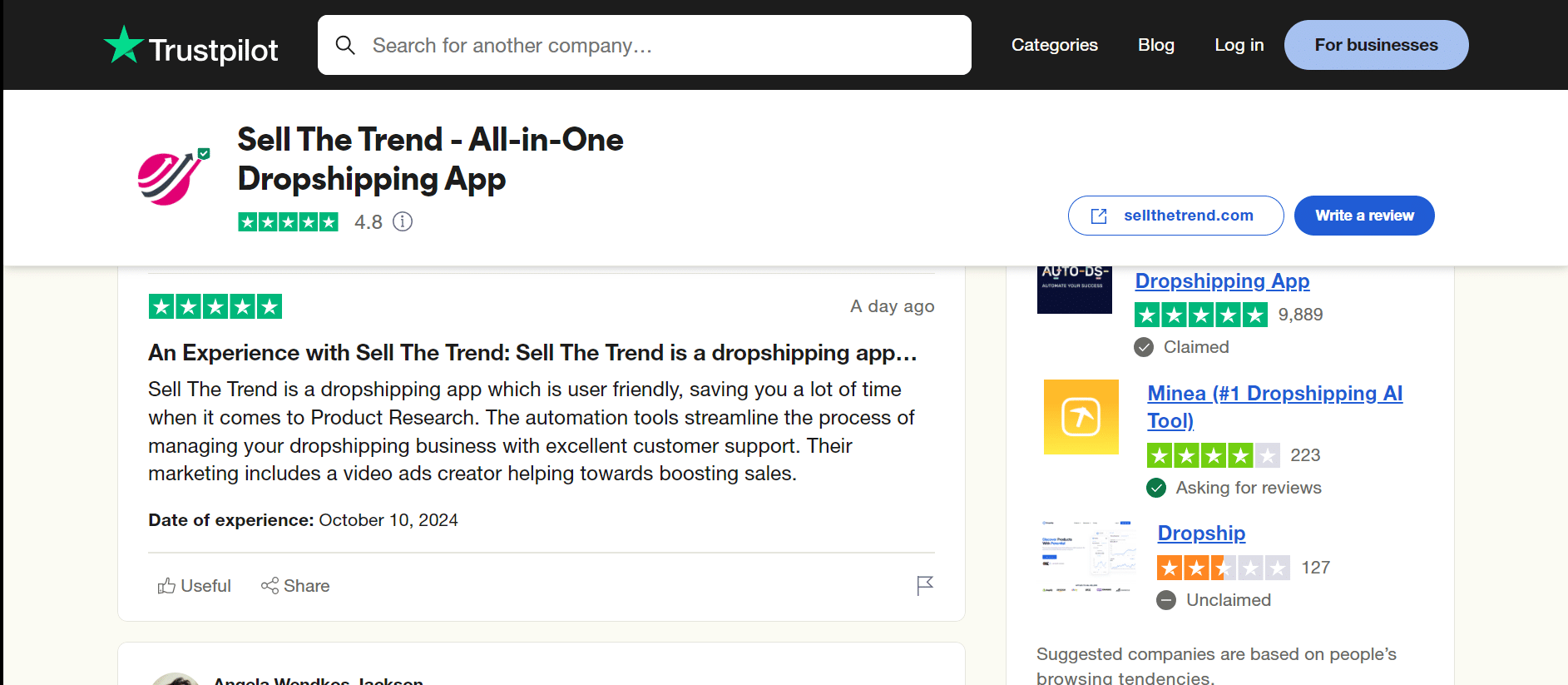 Vendre la page trustpilot de la tendance