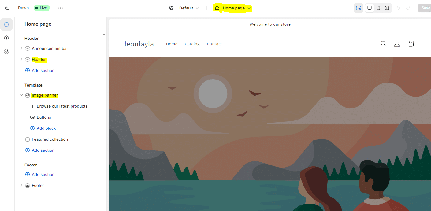 Image de l’éditeur de magasin Shopify. Il vous permet de personnaliser entièrement votre magasin avec un beau design