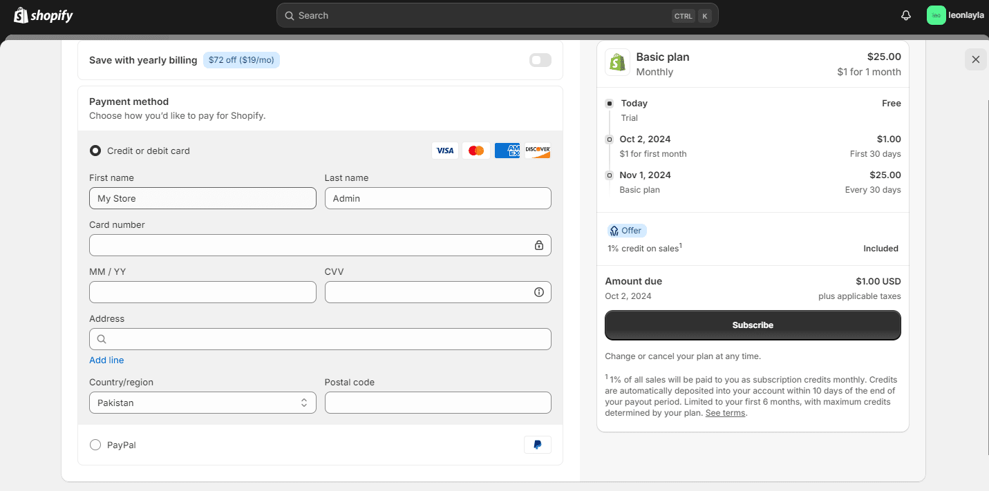 Image de la page de facturation dans Shopify