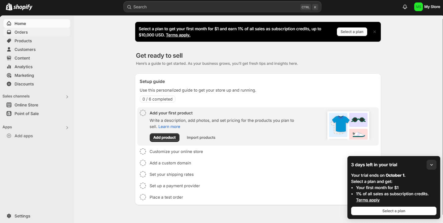 image du tableau de bord principal de Shopify