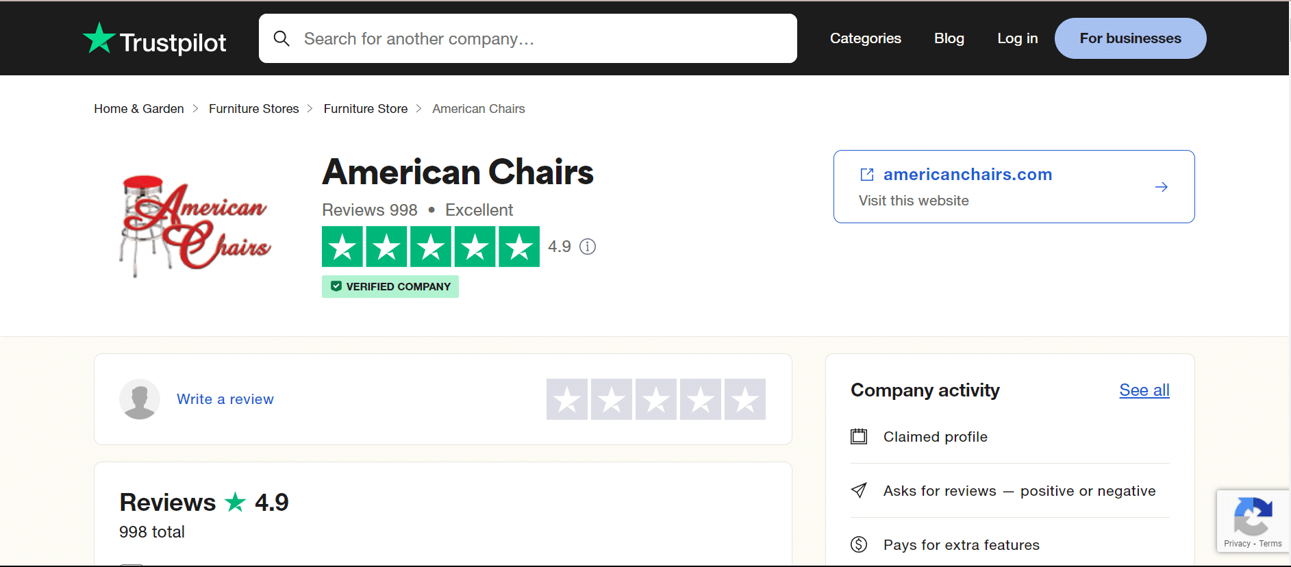 Capture d’écran de American Chairs sur Trustpilot