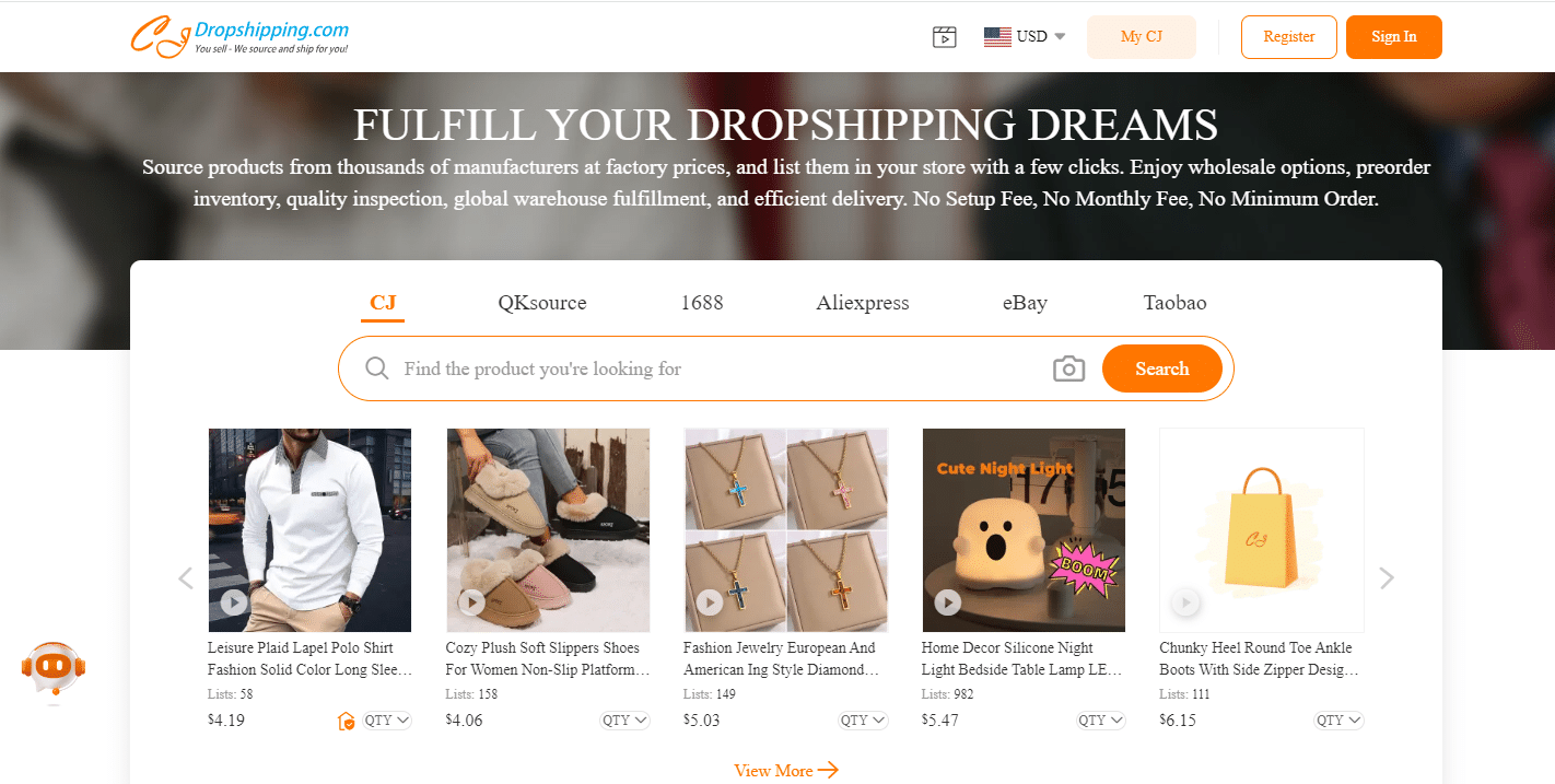 Image de la page d’accueil de CJdropshipping où vous pouvez trouver des tonnes de produits à vendre pour votre boutique dropshipping Shopify