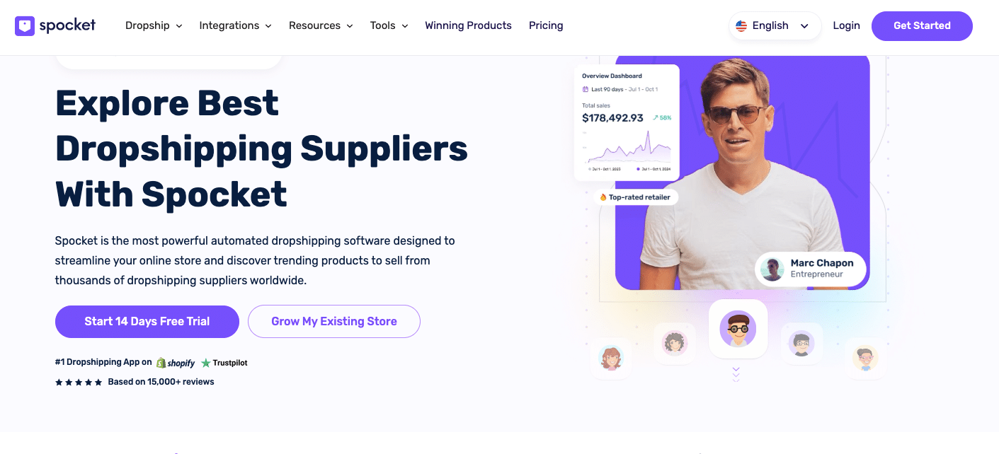 Spocket est spécialisé dans les dropshippers ciblant les marketplaces américaines et européennes
