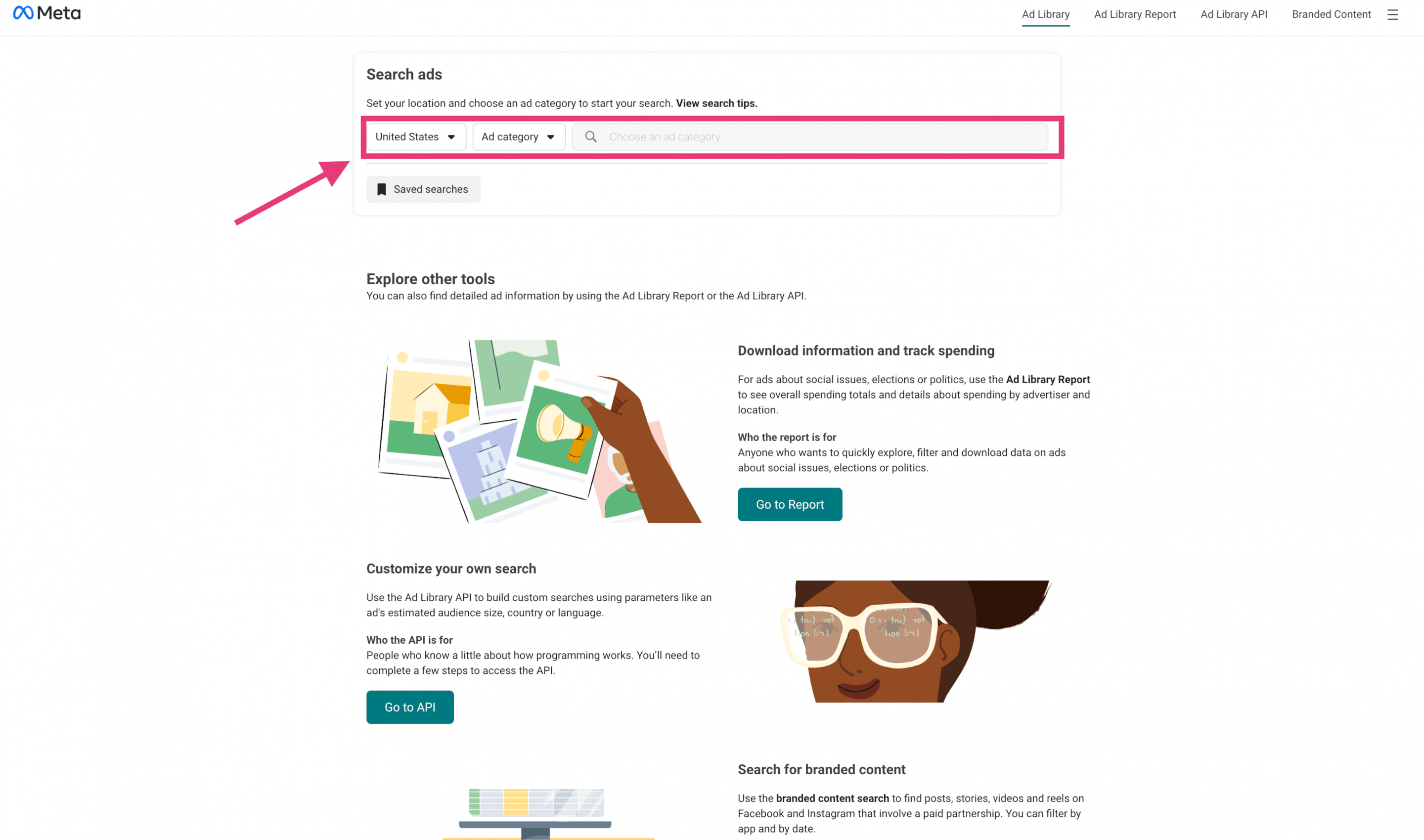 Meta Facebook Ad Library dashboard showing active ads filtered by location and category for Facebook product research in 2026