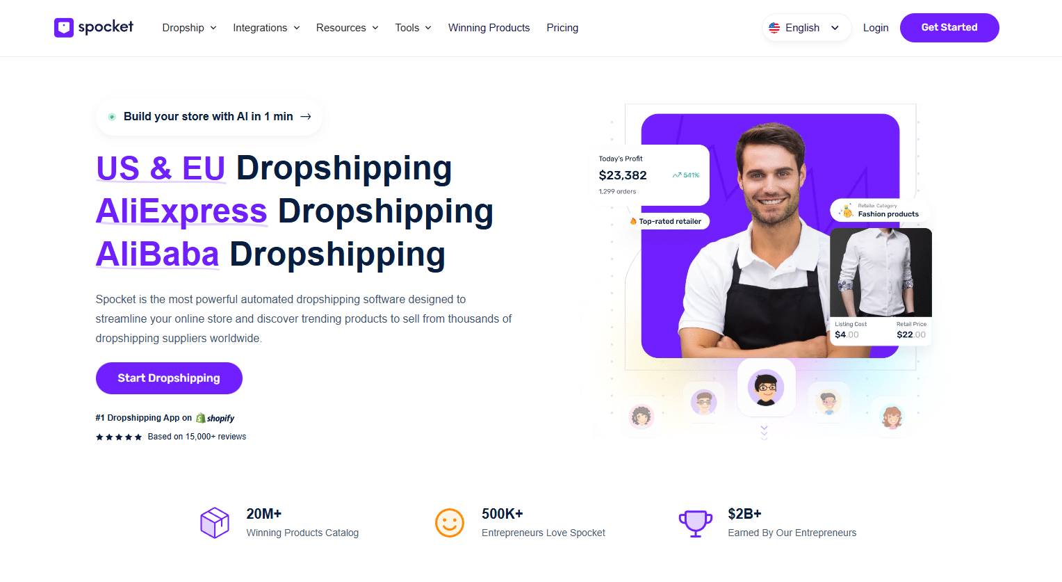 spocket updated homepage screenshot for new companies