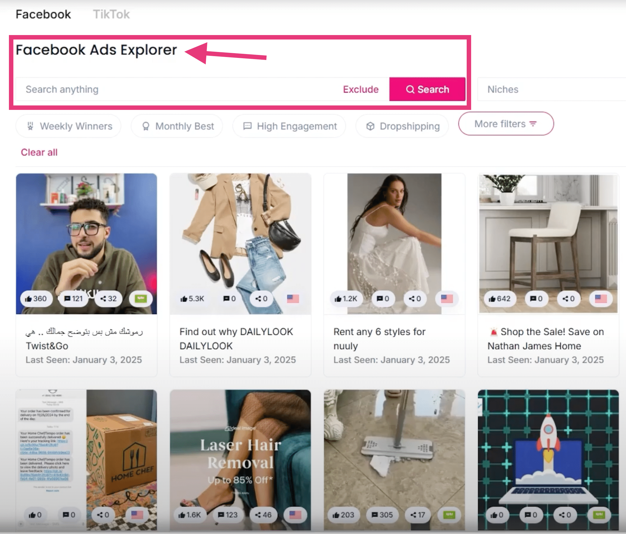 ell The Trend Facebook Ads Explorer dashboard showing filtered high-engagement ads used for advanced Facebook product research. Other features are shown like adding niches and other filters on the search bar.