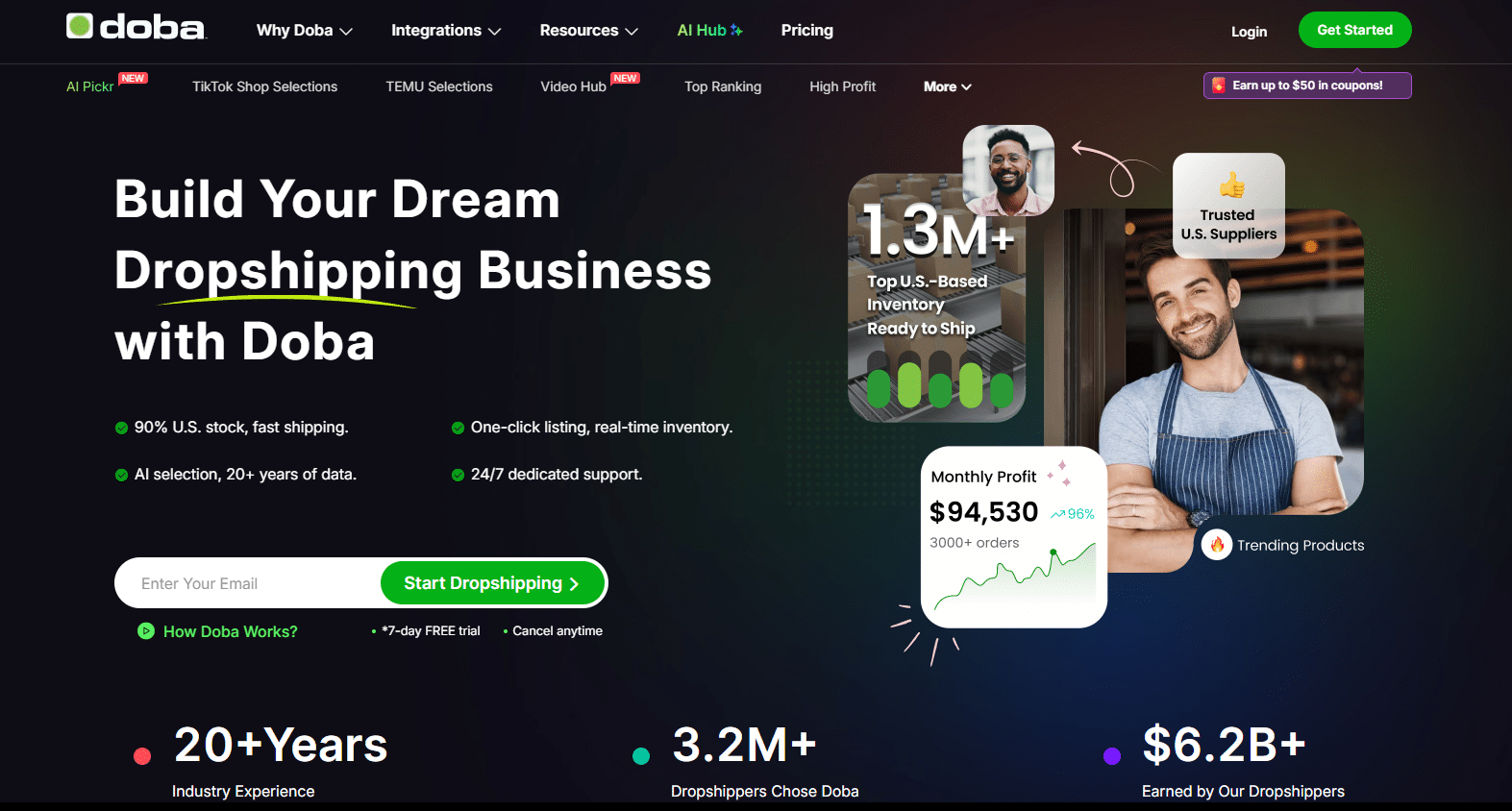doba homepage screenshot showing target audience metrics
