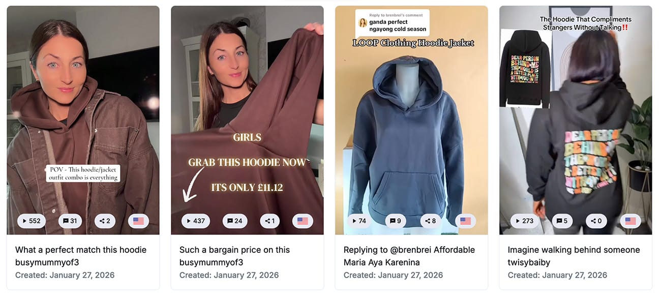 Sell The Trend TikTok Viral ads explorer showing hoodies