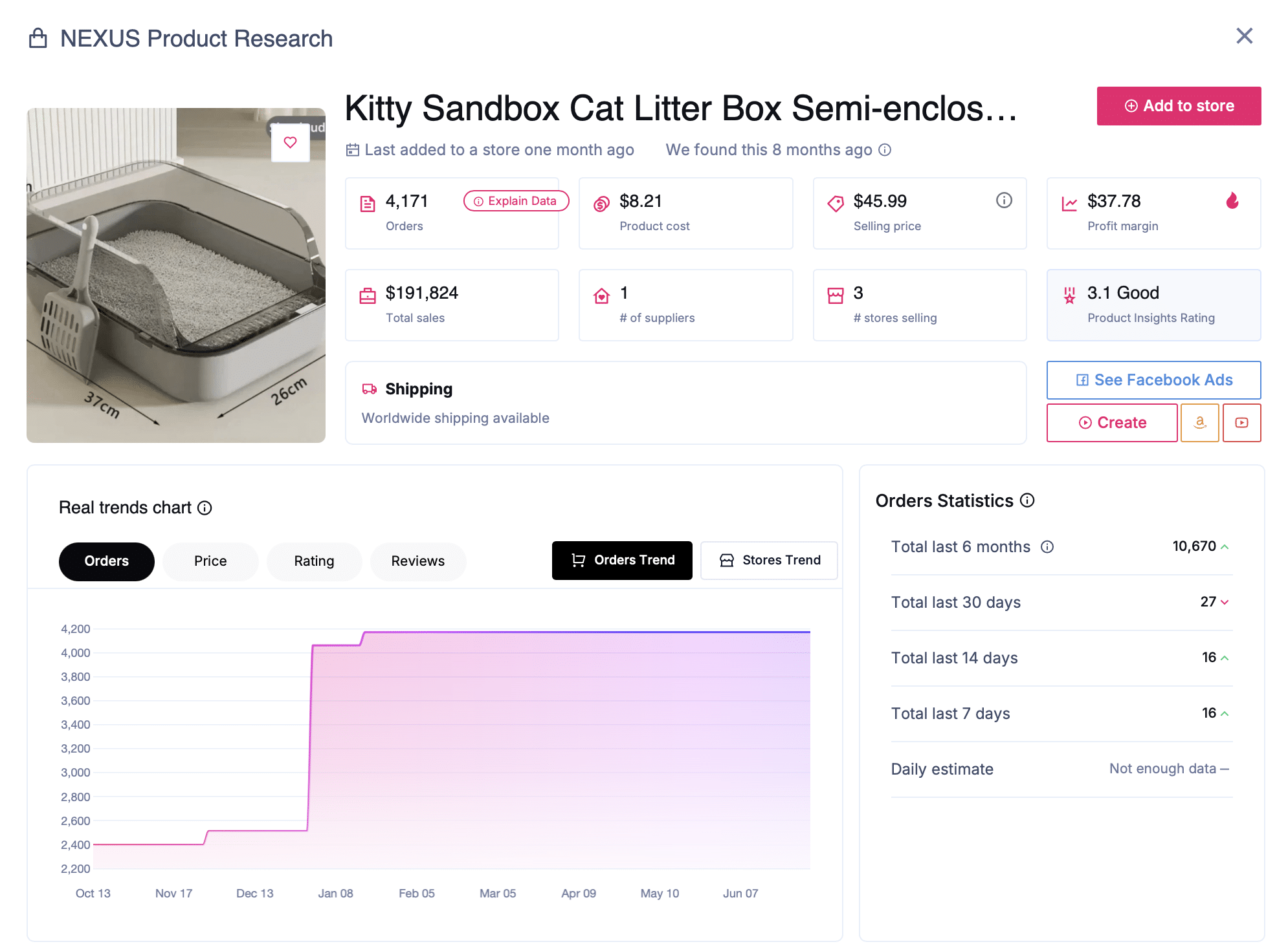 ai product research system - NEXUS Product Research dashboard showing lifetime sales and orders from the previous 30 days