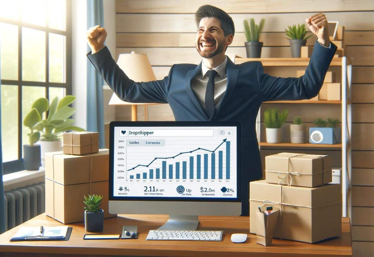Discover the joy of dropshipping success through our latest image, capturing a cheerful entrepreneur in front of glowing sales charts and rave reviews. This visual embodies the triumph and satisfaction that come with navigating the e-commerce world successfully, inspiring both seasoned and aspiring dropshippers alike.